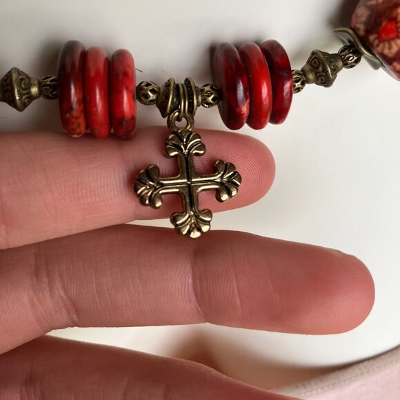 Jasper and Red Stone + Wood Beaded 31 inch Necklace Brand New - Picture 7 of 9